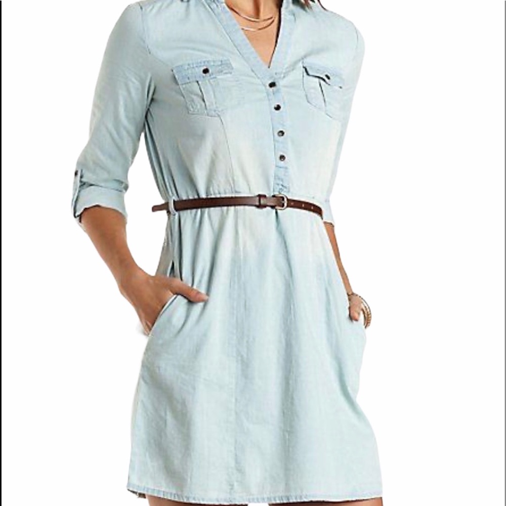 Charlotte Russe Chambray Shirt Dress Light Blue Button Front Sz S EUC